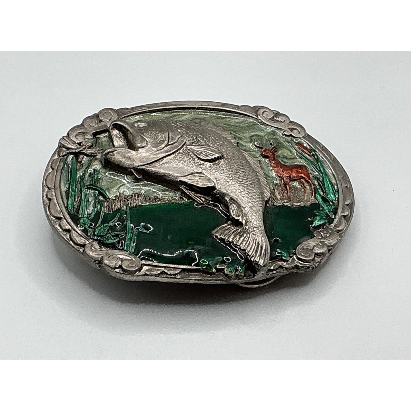 Vintage 1986 CJ Inc Largemouth Bass Deer Belt Buckle CJ 1038 Made in USA Enamel