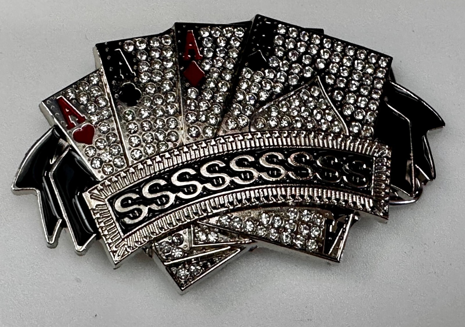 Four Aces Playing Card Game ALL SSSSSSSSSS! Casino Gambling Jeweled Belt Buckle