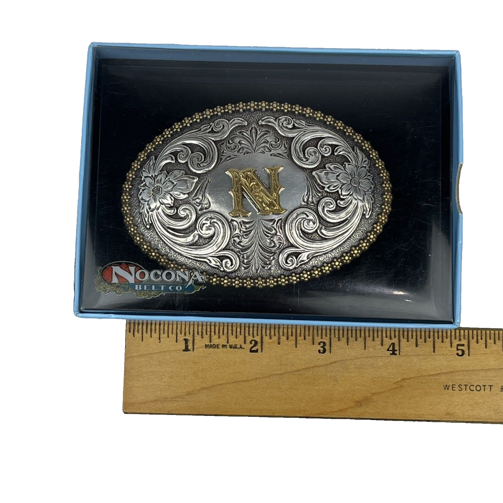 NOCONA Belt Co. OVAL INITIAL BUCKLE – N – 2 Tone Floral New In Box Unisex