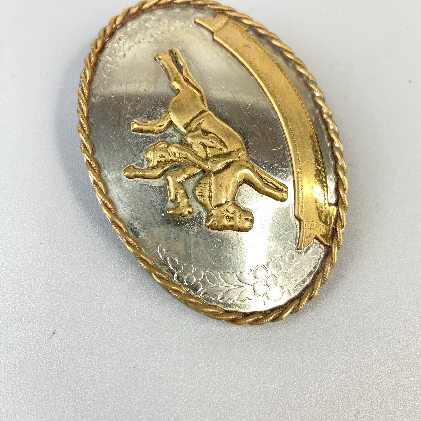 Vintage Western Belt Buckle Bucking Bronco Rodeo Gold Tone Nickle Silver