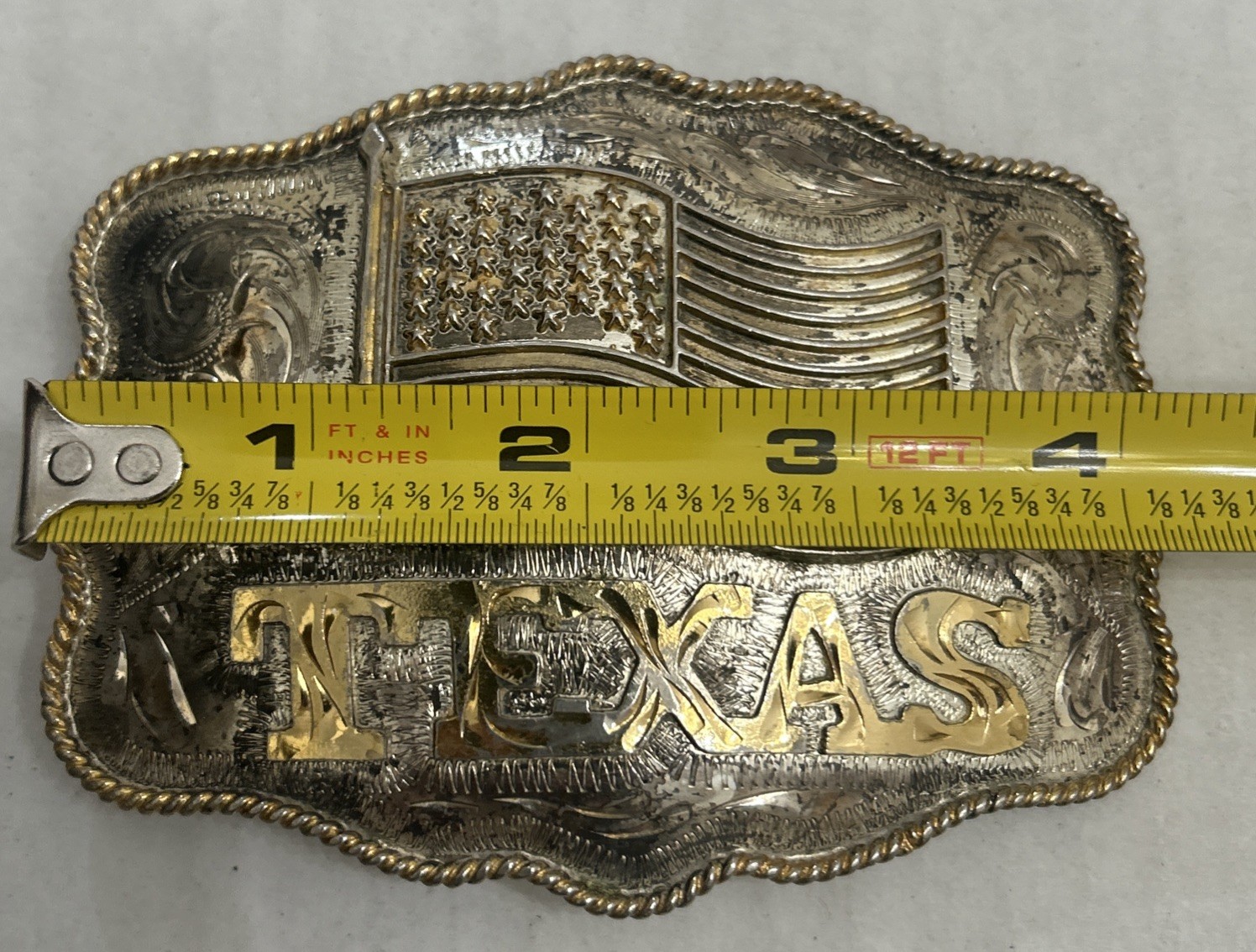 Vintage Texas, U.S. Flag Large Western Distressed Cowboy Buckle Made In Mexico