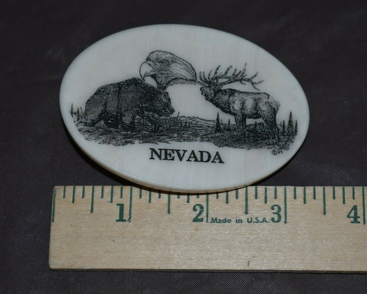 Etched Marble Belt Buckle oval 3.25&Prime; NEVADA (BEAR / EAGLE / ELK) NICE!!