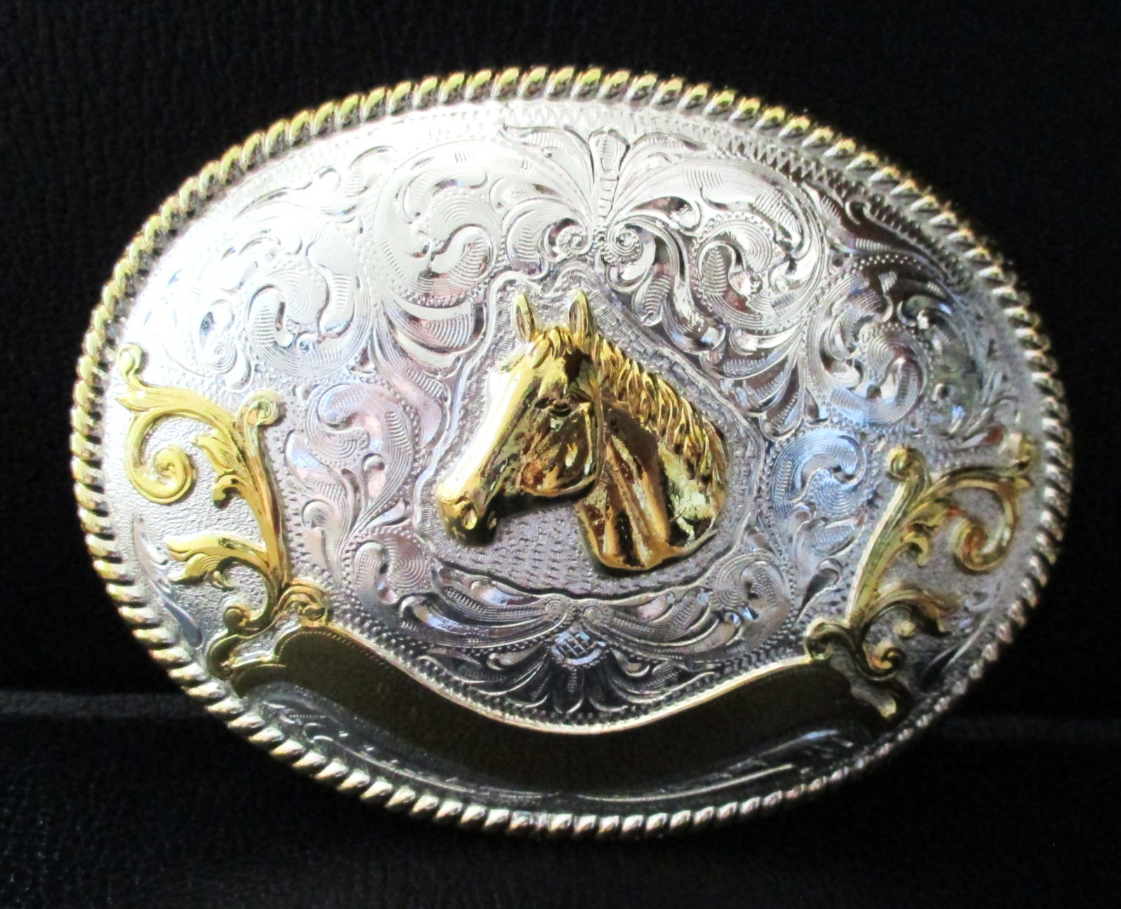 *Horse Head Silver & Gold Colored Western Style Belt Buckle Large 4&Prime; New w/ Tag