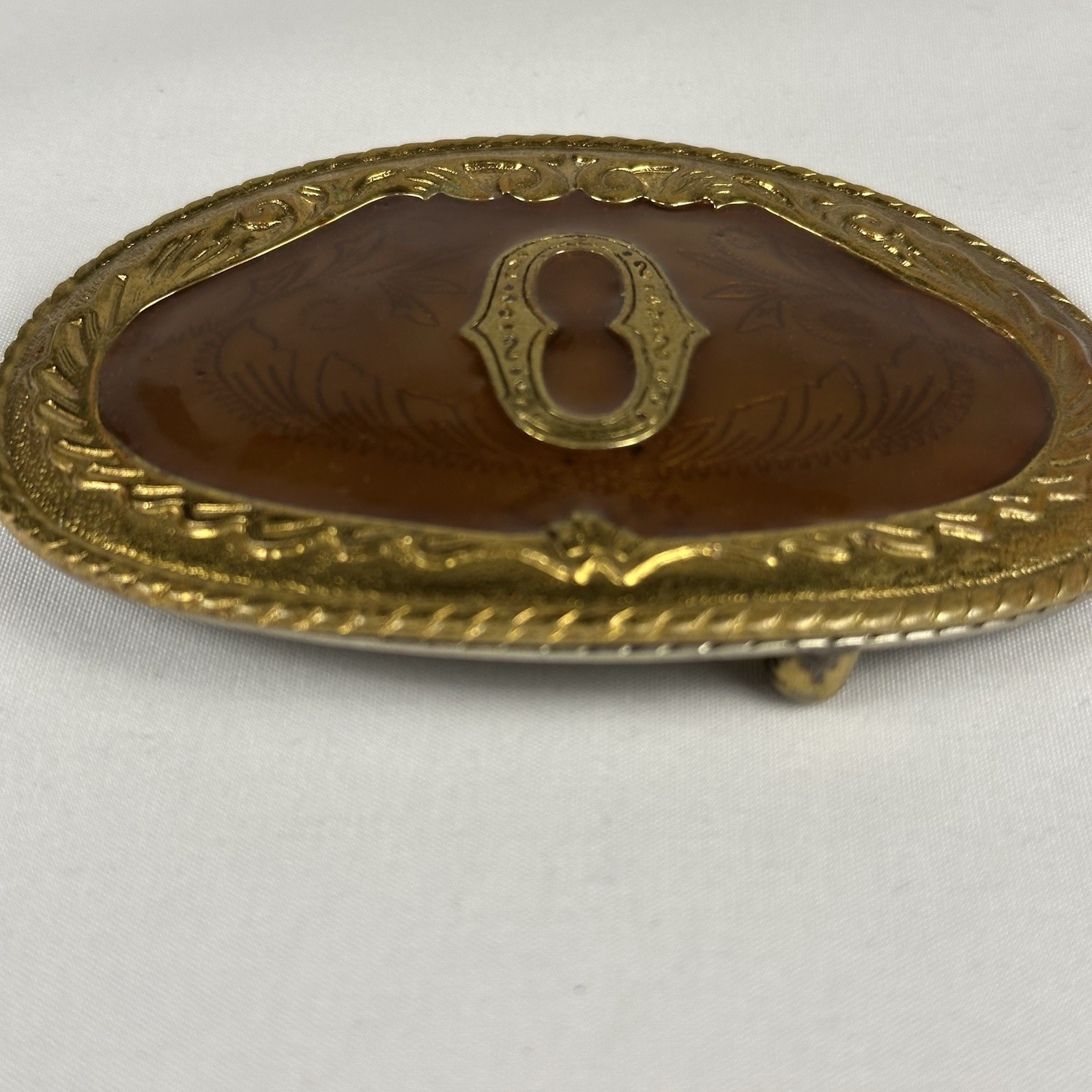 Vintage Style Initial O Belt Buckle Gold Tone Brown Enamel Monogram