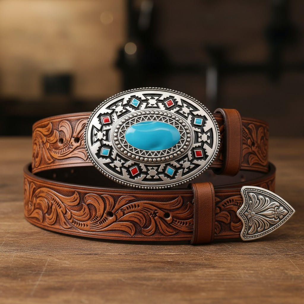 Men Silver Metal Buckle Native Ethnic Oval Shape Turquoise Blue Red Black Print