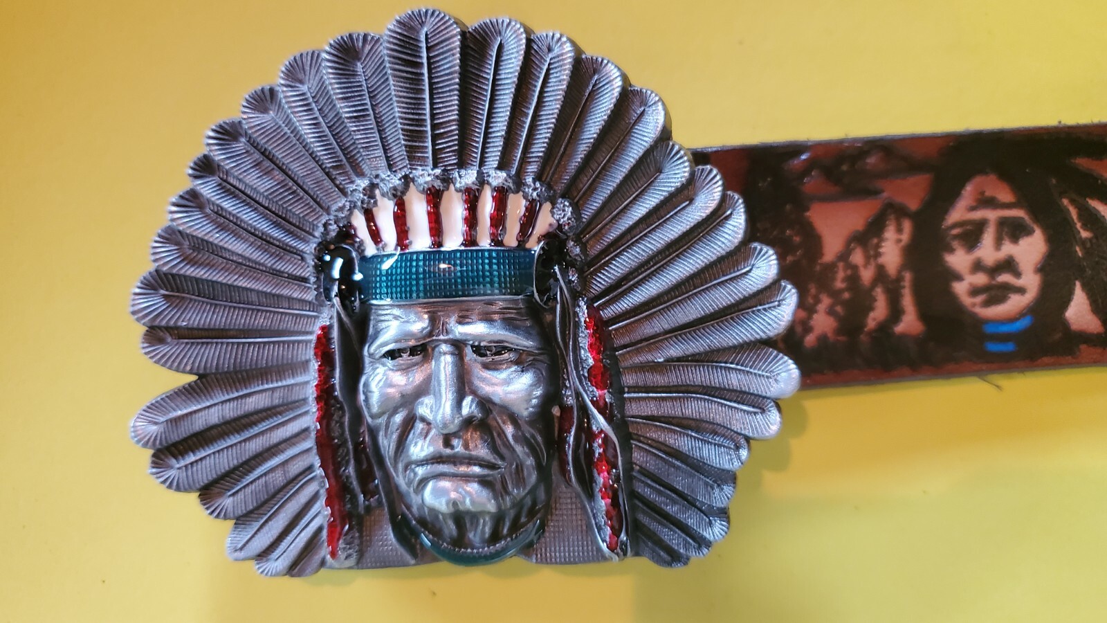 American Indian Theme Genuine Cowhide Embossed Leather Belt and Detailed Indian