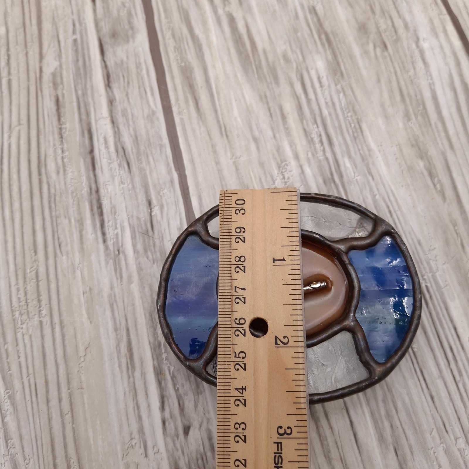 Vtg Stained Glass Flute Belt Buckle Handmade Copper Tone Blue Art Glass Artisan