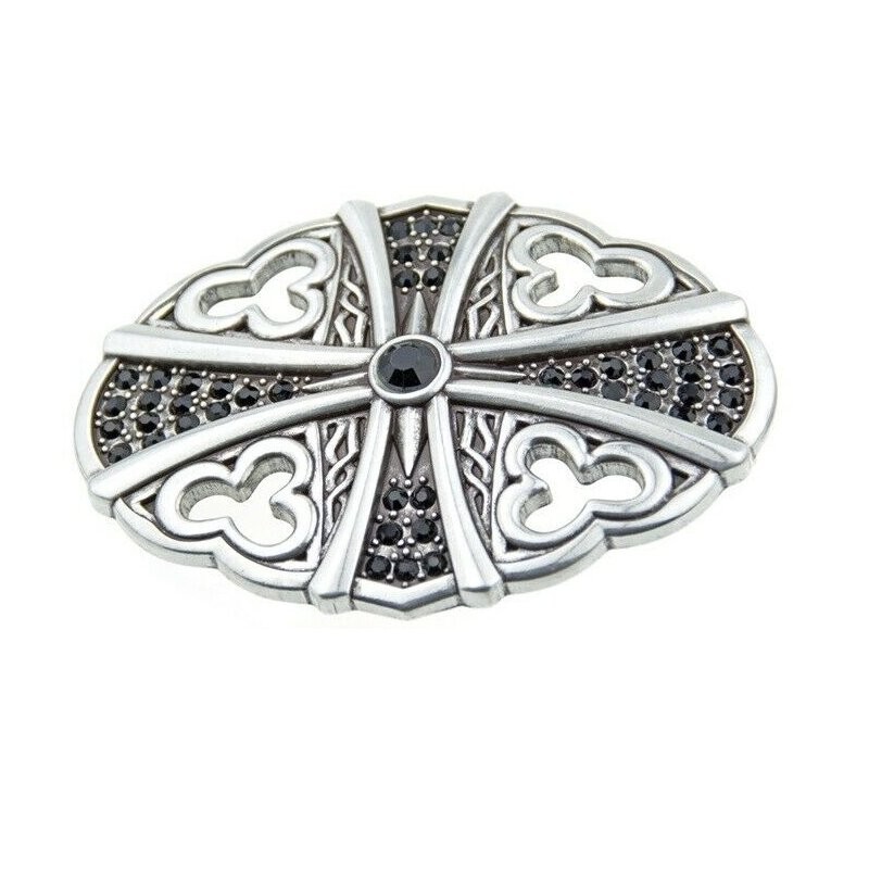 Oval Gothic Cross Belt Buckle in Antique Silver with Black Crystals