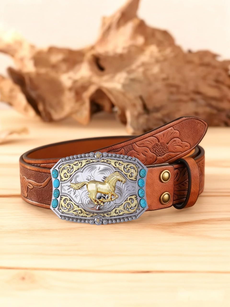 Cowboy Style Belt Buckle for Men Western Buckles with Horse and Turquoise Vin…