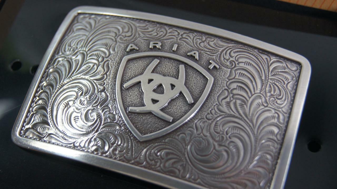 Ariat Western Belt Buckle Filigree Logo Rectangular Silver A37002