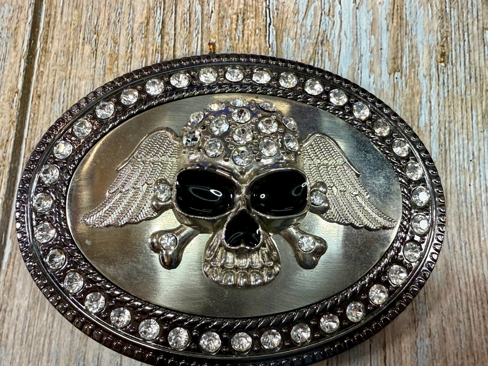 Skull Wings Crossbones with Clear Rhinestone Halloween Gothic LARGE Belt Buckle