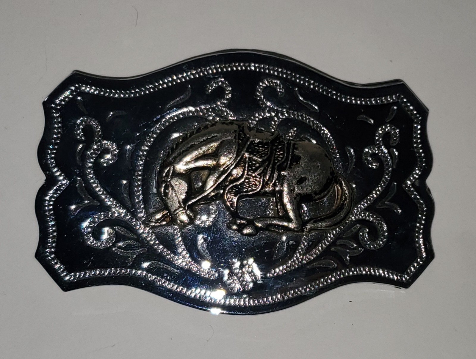 Vintage Chrome Belt Buckle with Applied Bronze Bucking Bronco Horse Clean READ