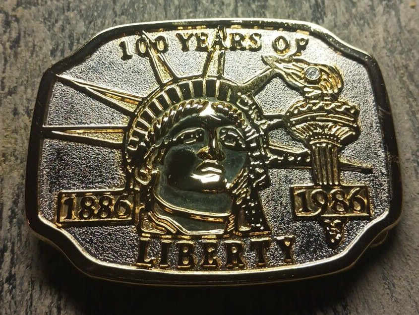 100 Years of Liberty 1886-1986 Gold & Silver Tones Belt Buckle 3 3/8&Prime; x 2 5/8&Prime;
