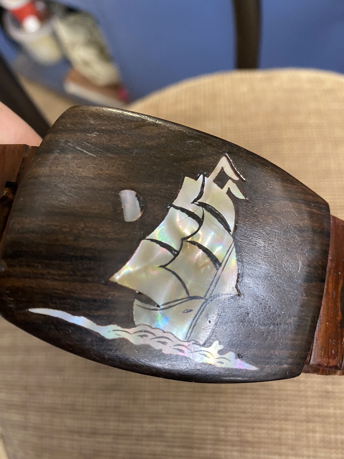 Wood belt buckle: brass / Pearl Ship Buckle 47”