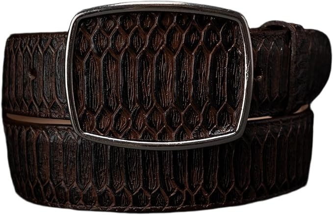 Genuine Leather Python Snakeskin Print Western Belt with Removable Buckle- Brown