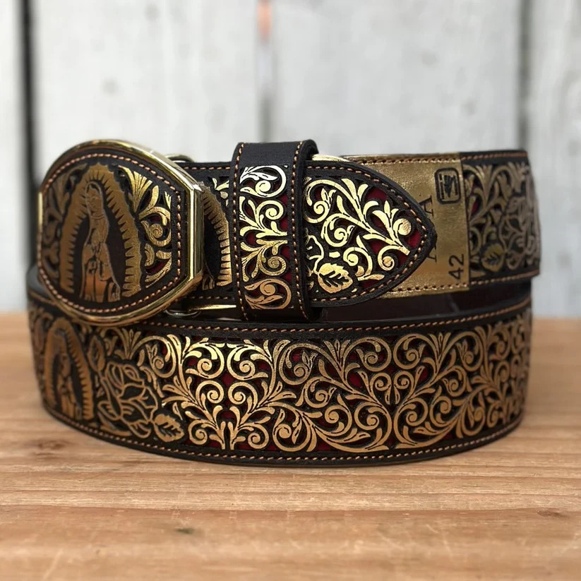 Genuine Laser Cut Leather Virgen Western Belt with Removable Buckle – Gold