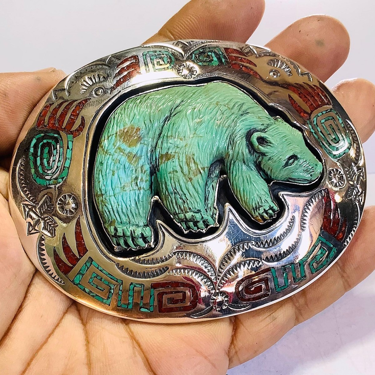 American Style Hand Carved Bear Turquoise Sterling Silver Belt Buckle – 1.5&Prime;