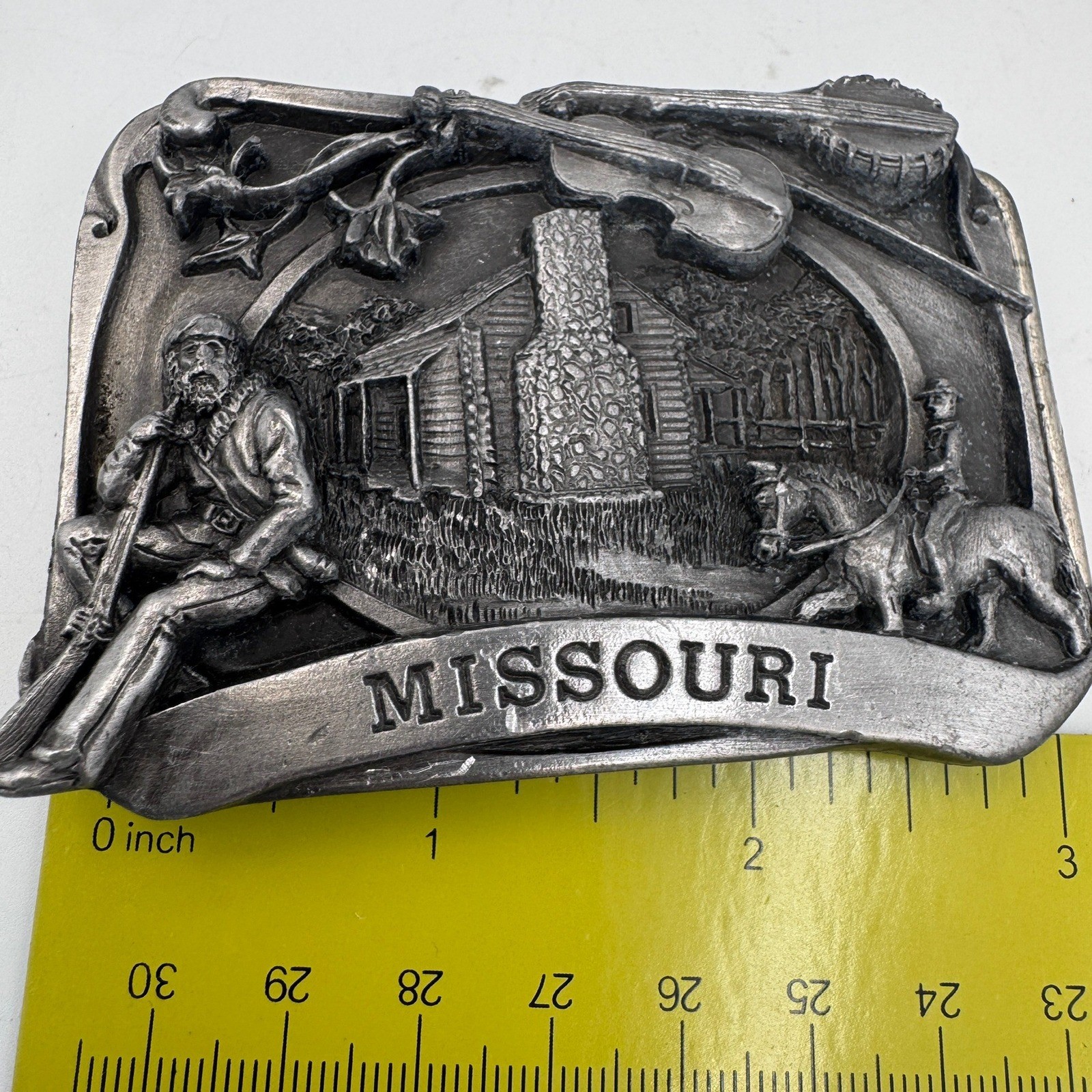 Vintage Missouri State Belt Buckle Pioneer Log Cabin Fiddle Banjo Pewter Tone