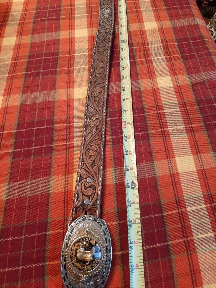 Vtg Lyatone Saddle Leather Belt Cowboy Boots Belt Buckle Sze 34 2565 Top Grain