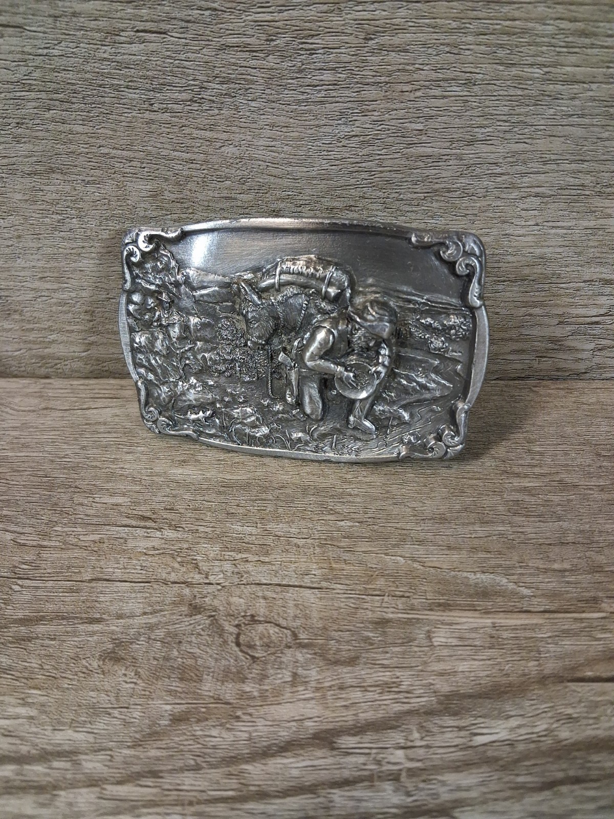 Vintage Bergamot Brass belt buckle 1984 Gold Miner, silver color Made in USA 23f