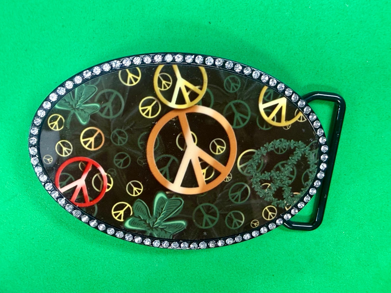 Peace Sign Symbol Four Leaf Clover with Clear Rhinestone Border Belt Buckle