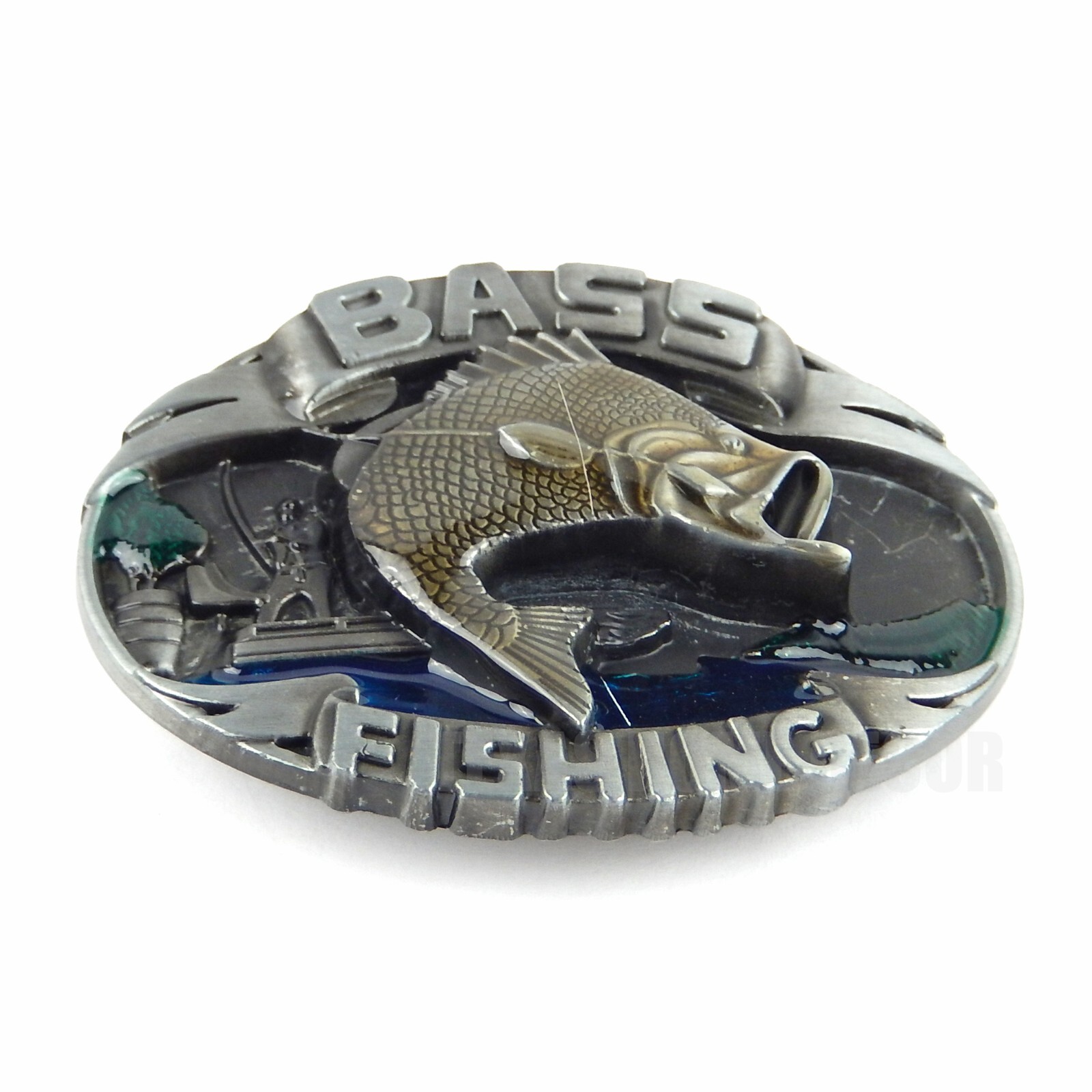 Bass Fishing Belt Buckle Antique Silver Finish Color Enamel Inlay Fits 1.5&Prime; Belt
