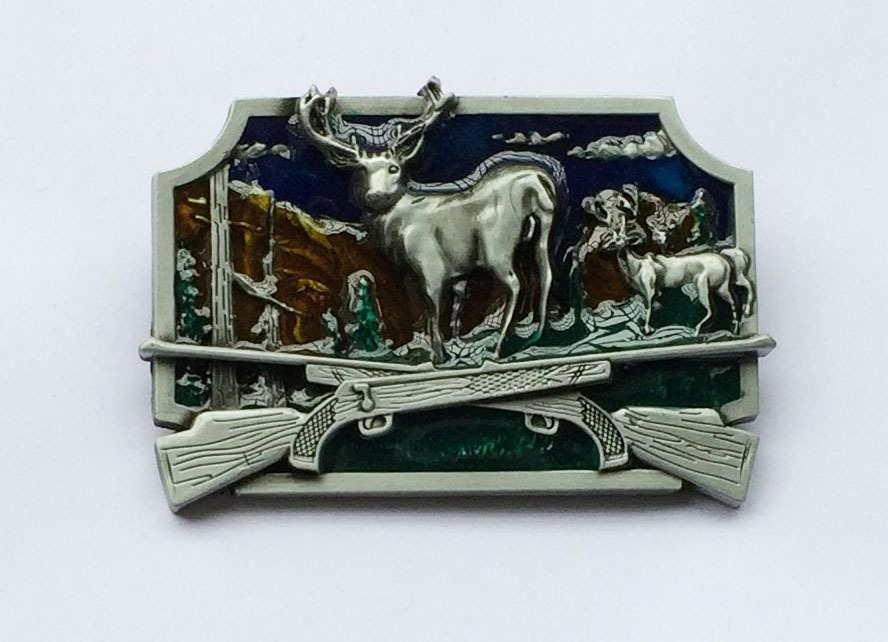 Deer Scenery rifles crossed Belt Buckle Antique silver BG Whitetail hunting USA