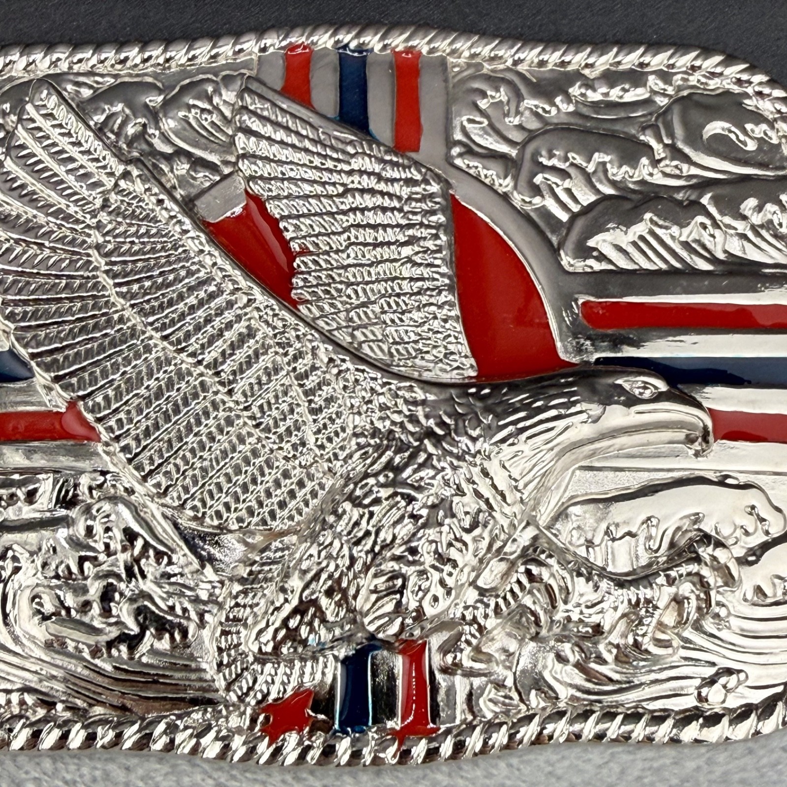 Vintage Buckle Silver Tone Eagle Hawk Enamel Patriotic