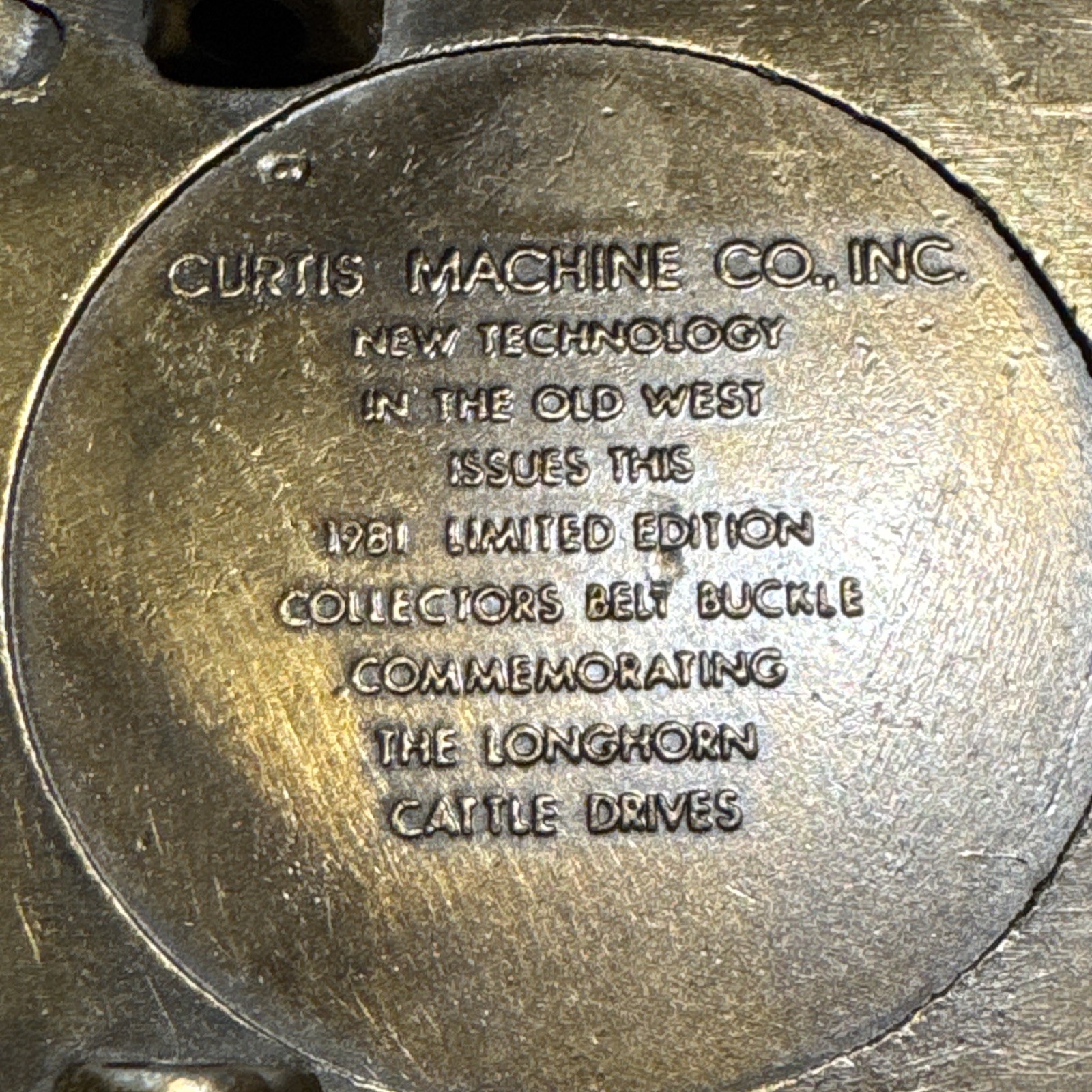 Curtis Machine Co Dodge City Kansas Longhorn Cattle Drive Brass Belt Buckle 1981