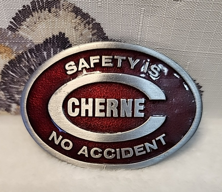 Vintage Cherne Safety Is No Accident Belt Buckle R&M USA Red Enamel