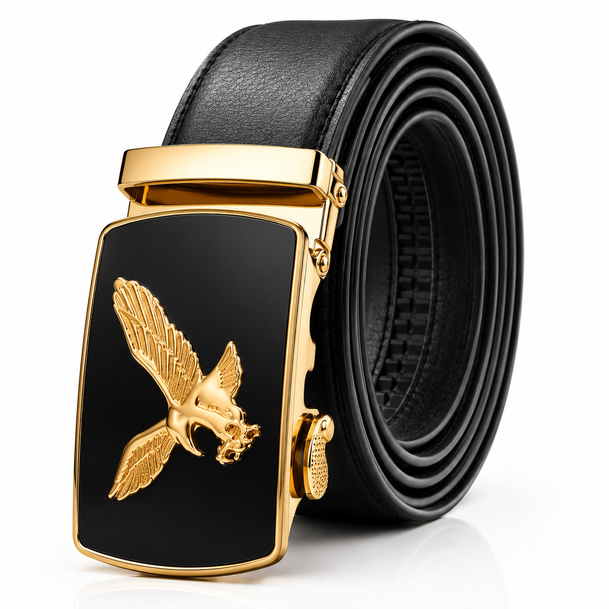 Men Eagle Buckle Belt Automatic Ratchet PU Leather Adjustable Black