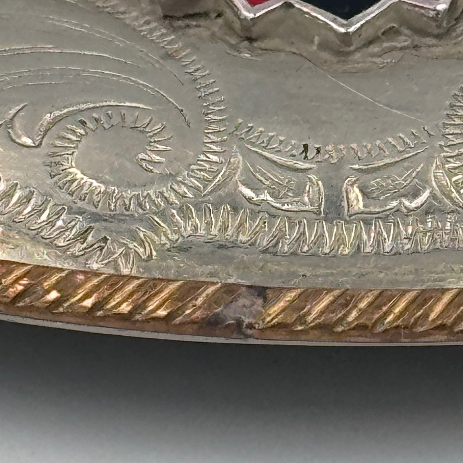 Vintage German Silver Thunderbird Belt Buckle Western Enamel Floral Engraved