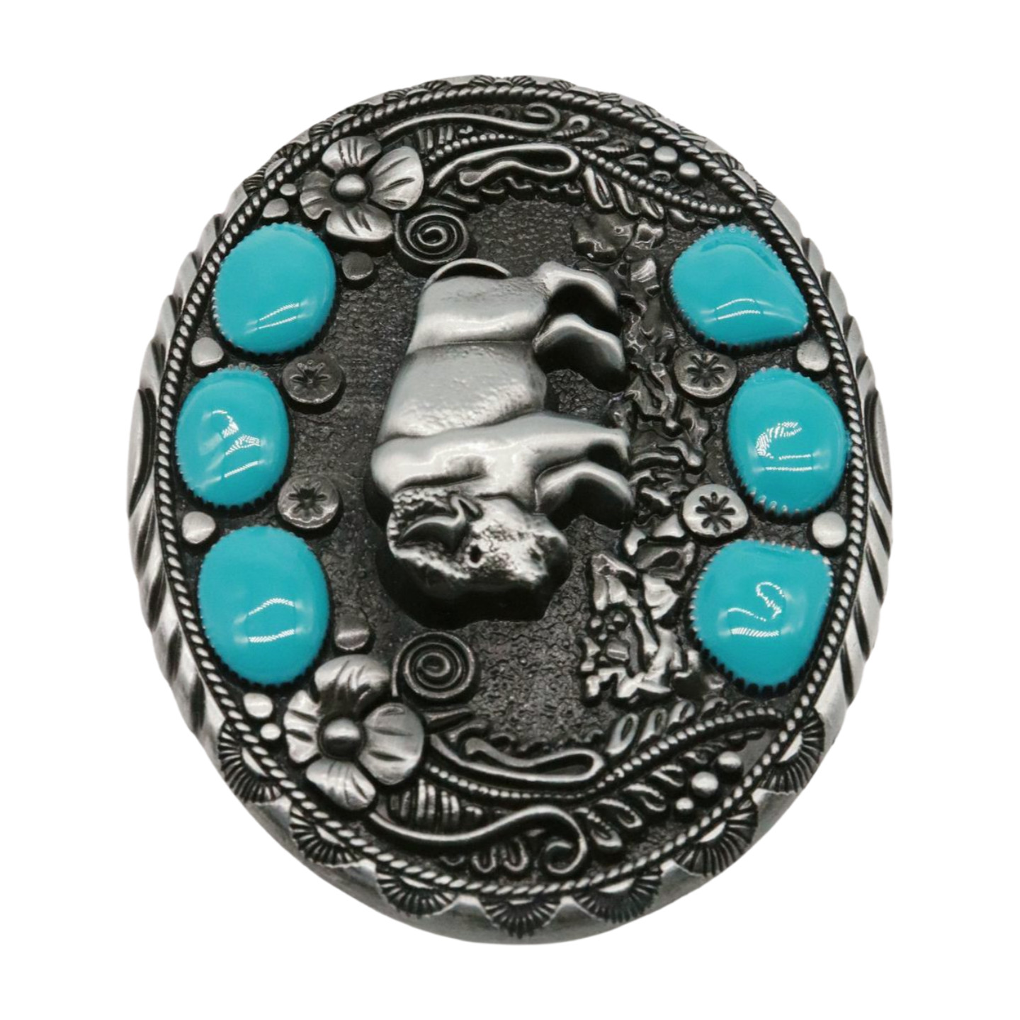 Men Western Belt Buckle Dark Silver Metal Cowboy Bison Buffalo Ox Oval Shape