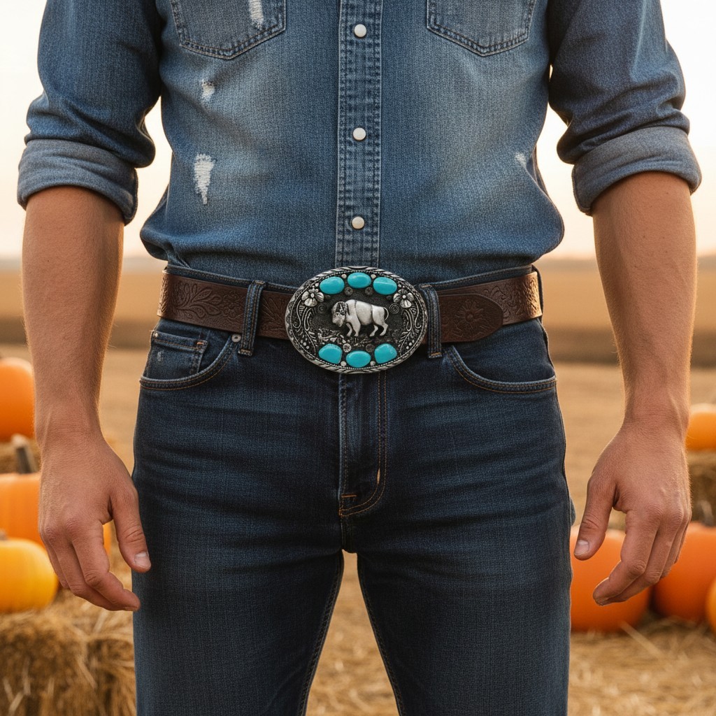 Men Western Belt Buckle Dark Silver Metal Cowboy Bison Buffalo Ox Oval Shape