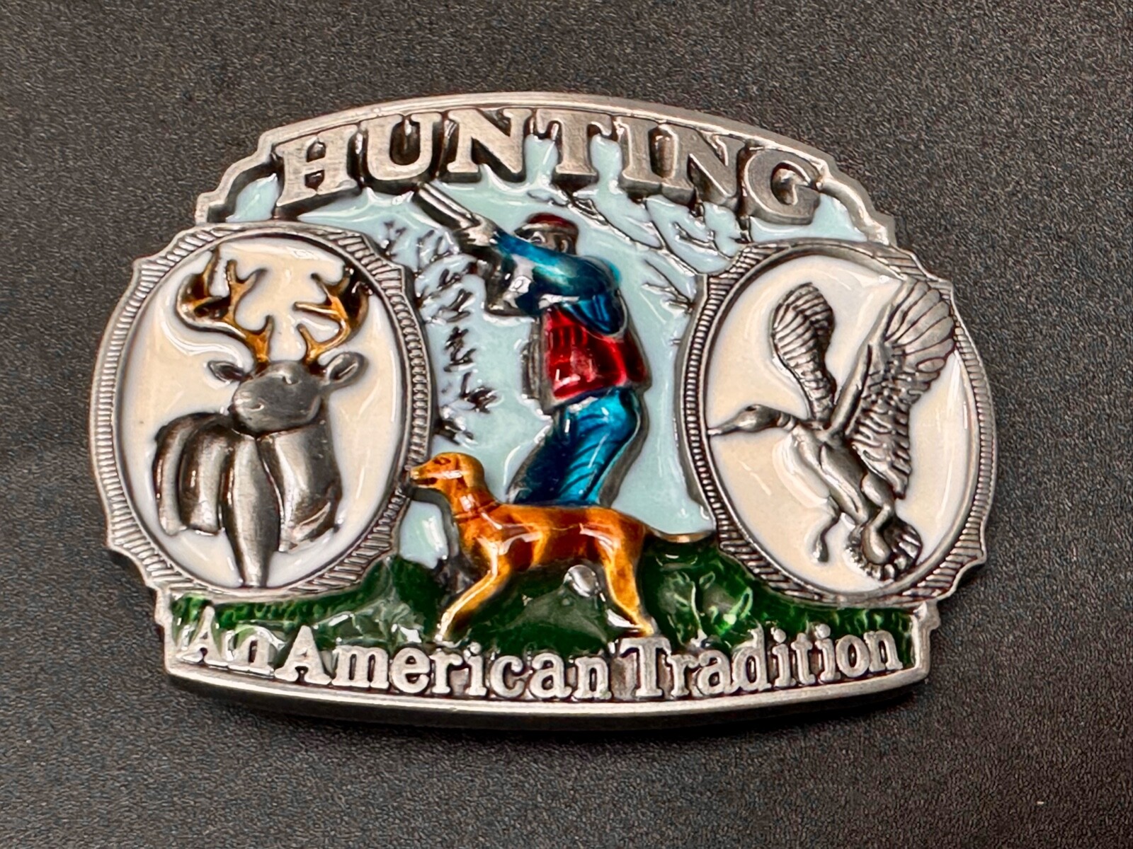 Hunting An American Tradition Vintage Belt Buckle Deer Duck Dog Colorful USA