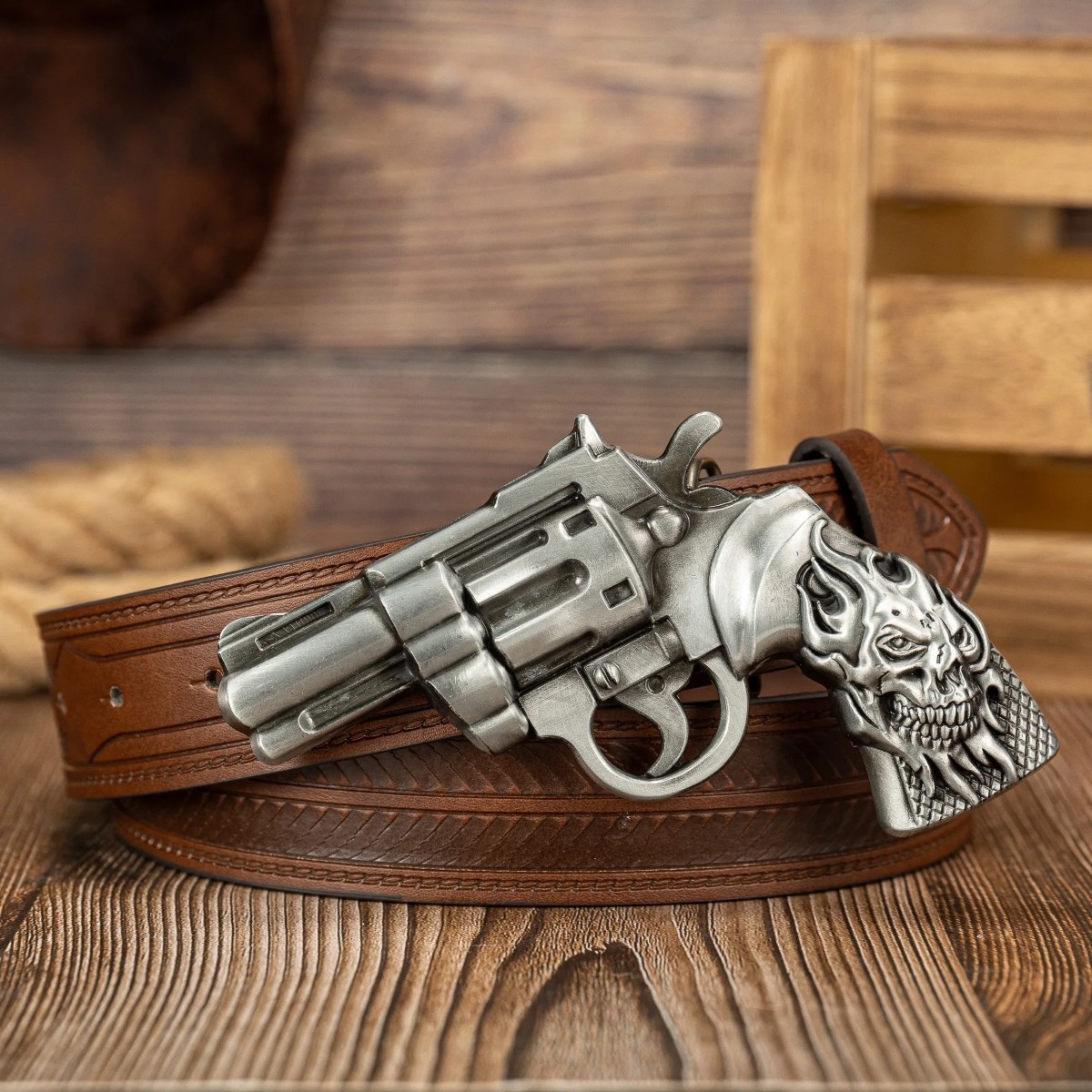 Large Replica Handgun Belt Buckle with Embossed Belt, Revolver/Pistol