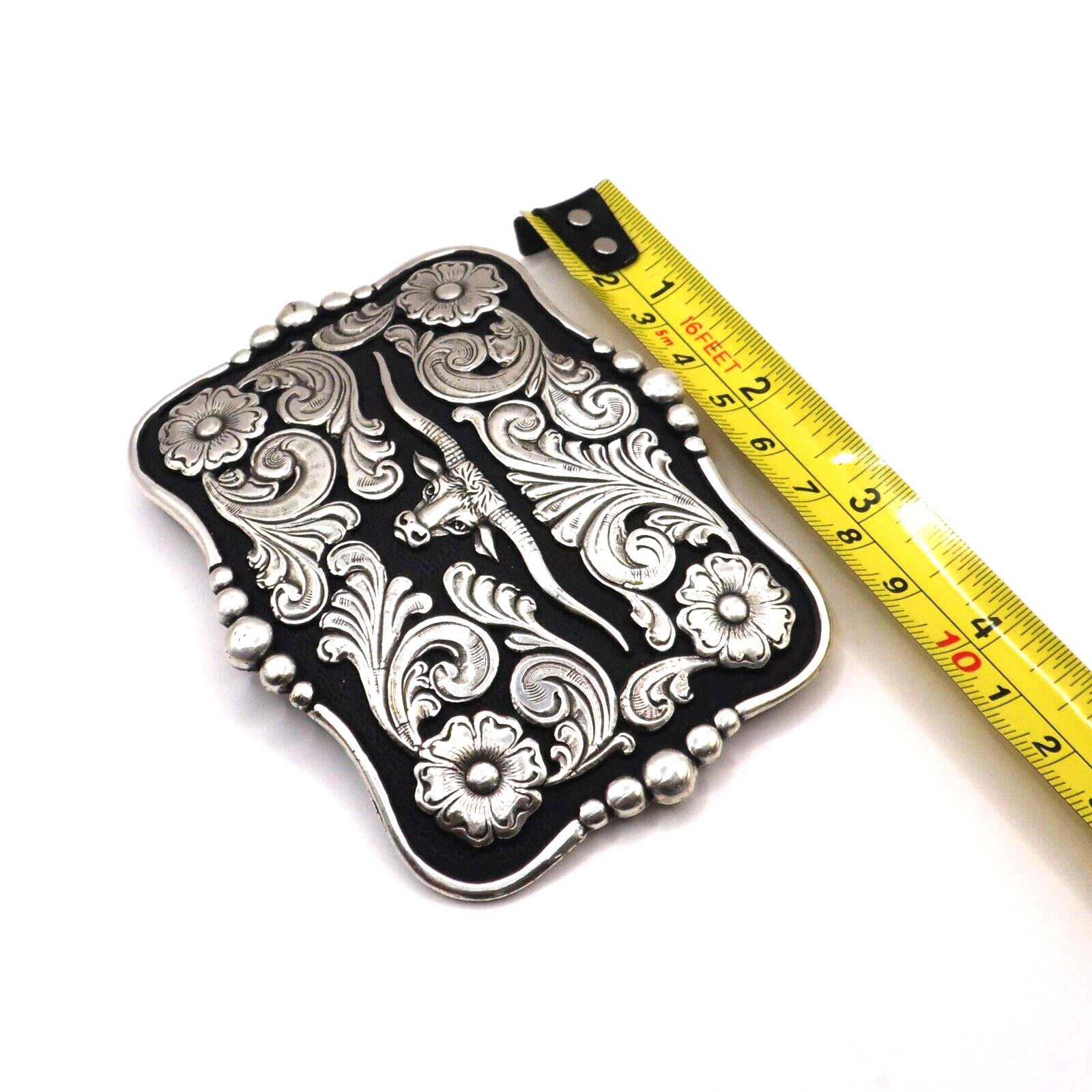 Nocona Western Belt Buckle Rectangle Longhorn Silver Tone and Black 37586