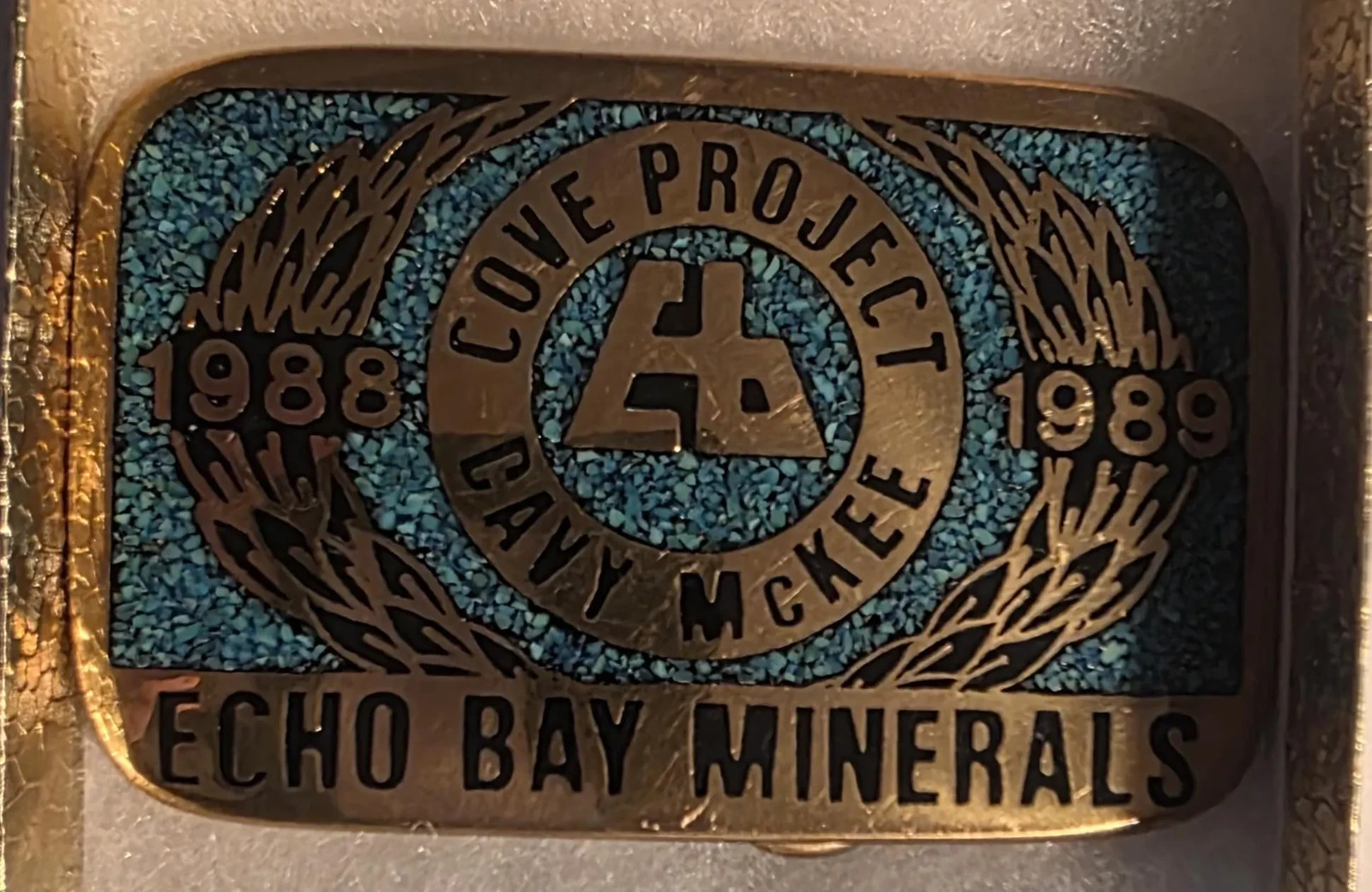Vintage 1989 Metal Belt Buckle, Solid Brass, Blue Crushed Turquoise Stones, Cove