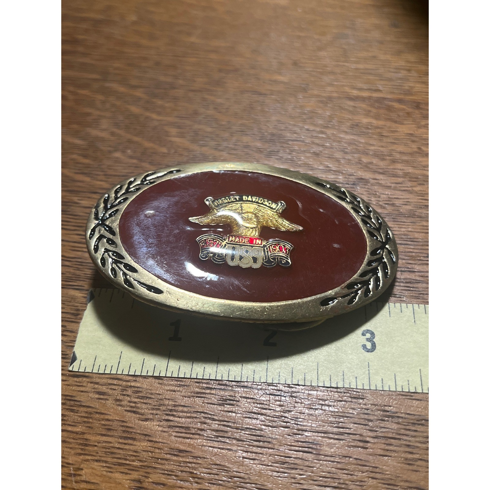 Vintage Harley Davidson Belt Buckle Eagle Made in USA Red Enamel Brass Oval B2