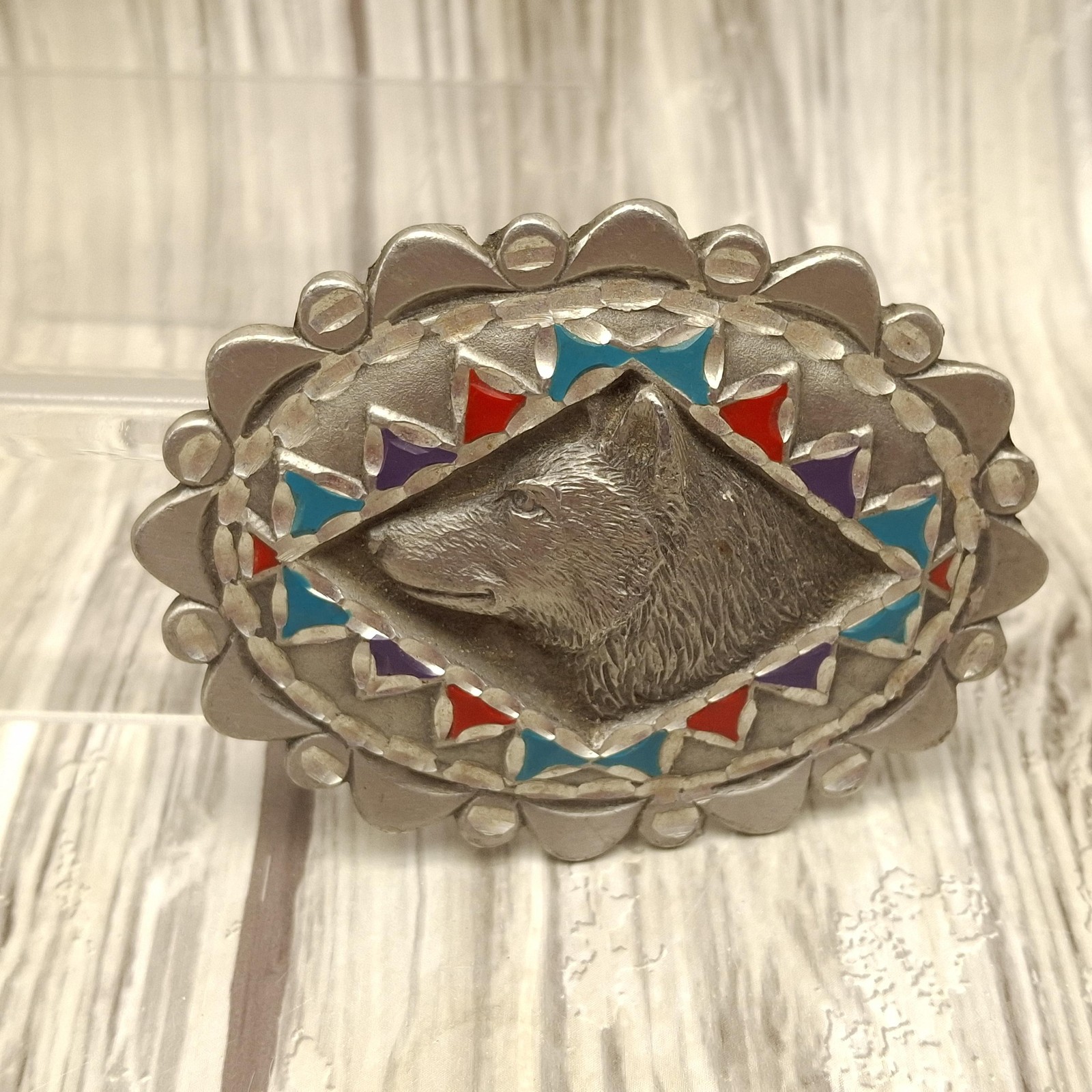 Vtg Great American Products Belt Buckle Pewter Wolf Enamel Oval Western 90s GAP