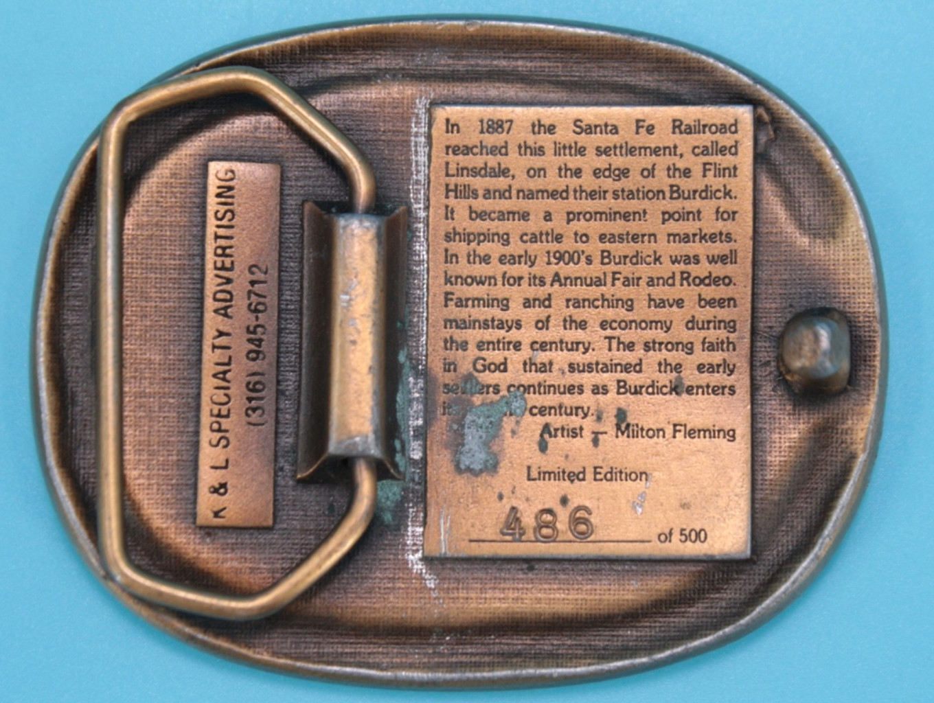 VTG 80s Burdick Kansas 1987 Centennial Commemorative Western Belt Buckle