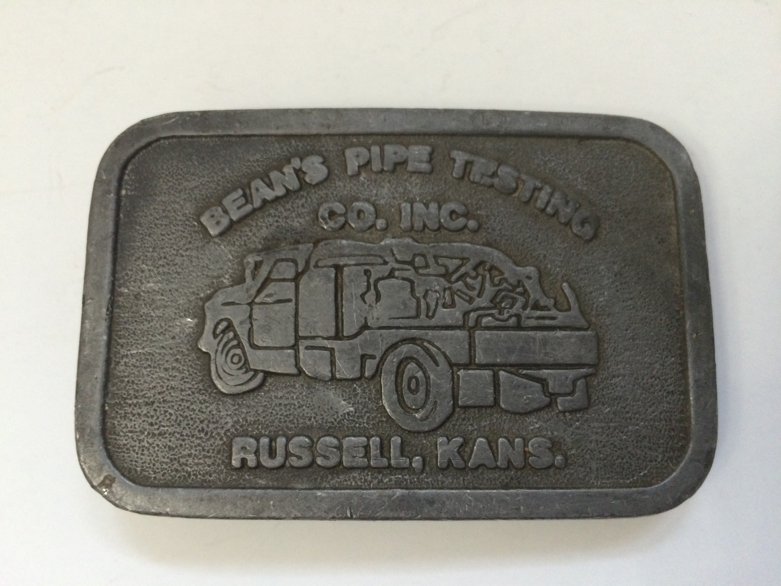 Vintage Belt Buckle Beans Pipe Testing Gas Oil Advertising Russell Kansas USA