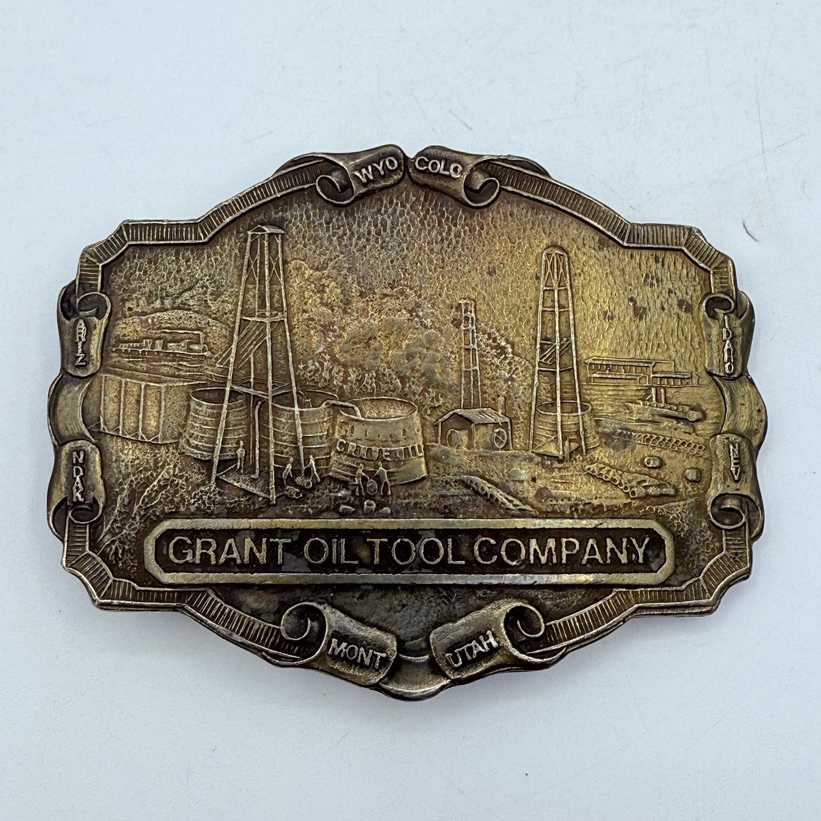 Vtg GRANT OIL TOOL COMPANY BRASS BELT BUCKLE Oil Field Roughneck