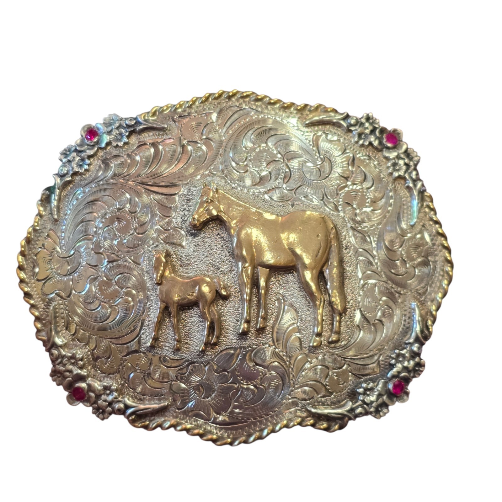 Vintage Silverado Sterling Silver Red Stones Brass Belt Buckle 121g Horse Foal