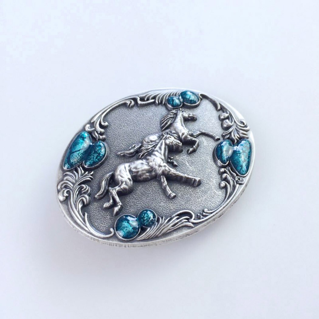 Vintage Silver Plated Western Horses Enamel Oval Belt Buckle Boucle de Ceinture