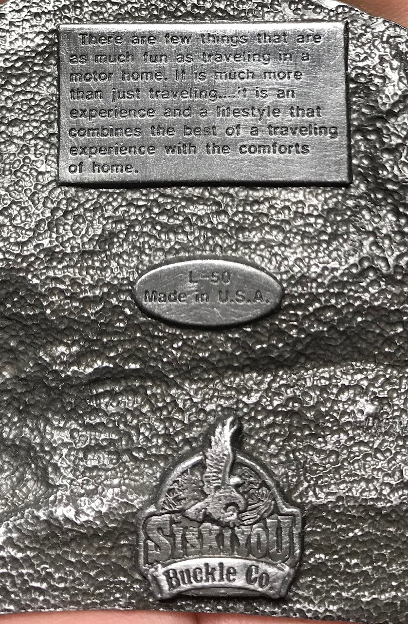 RV motorhome car travel BELT BUCKLE 1987 siskiyou metal western trip road huntin