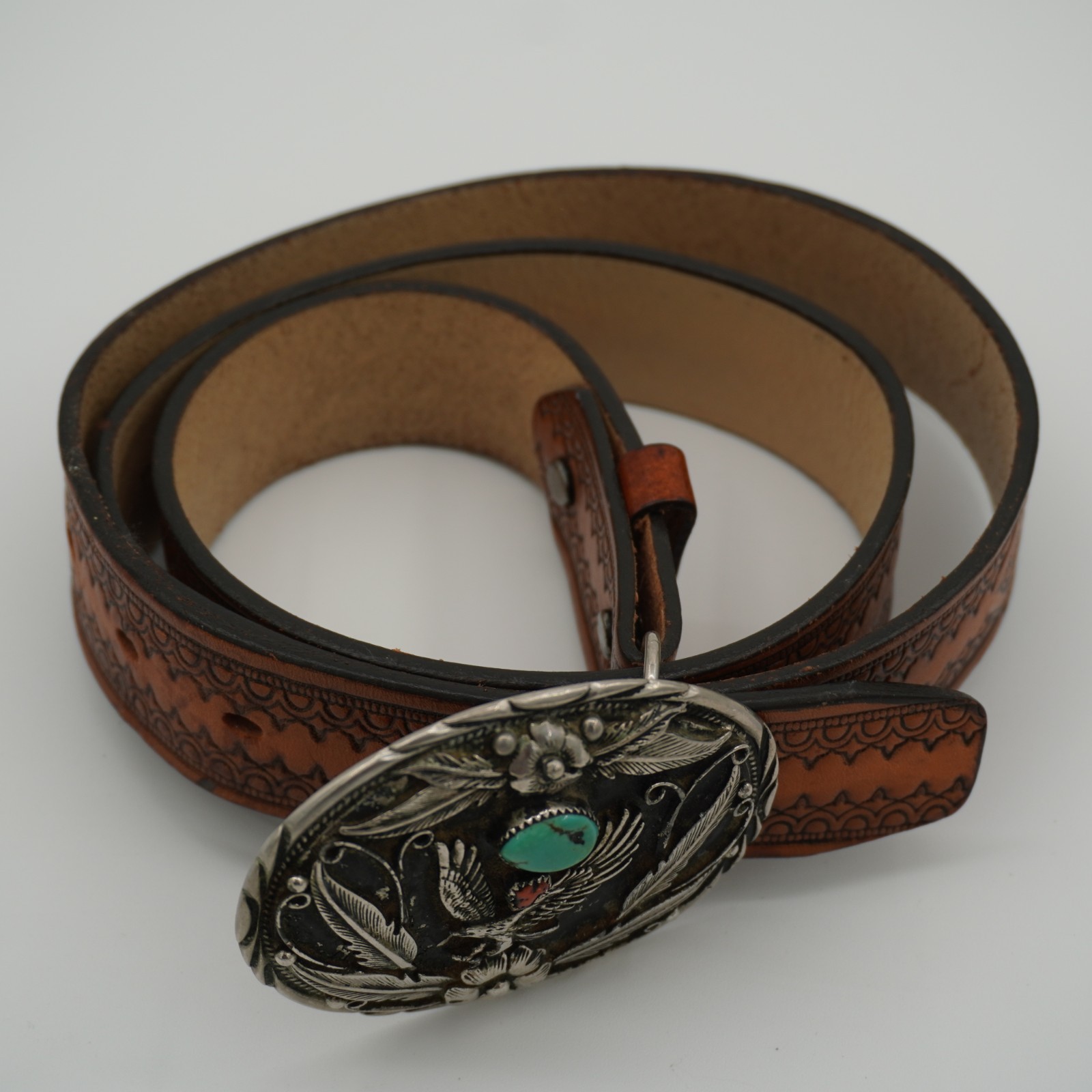 S.S.I Native American Eagle Floral Belt Buckle With Turquoise And Coral Stone
