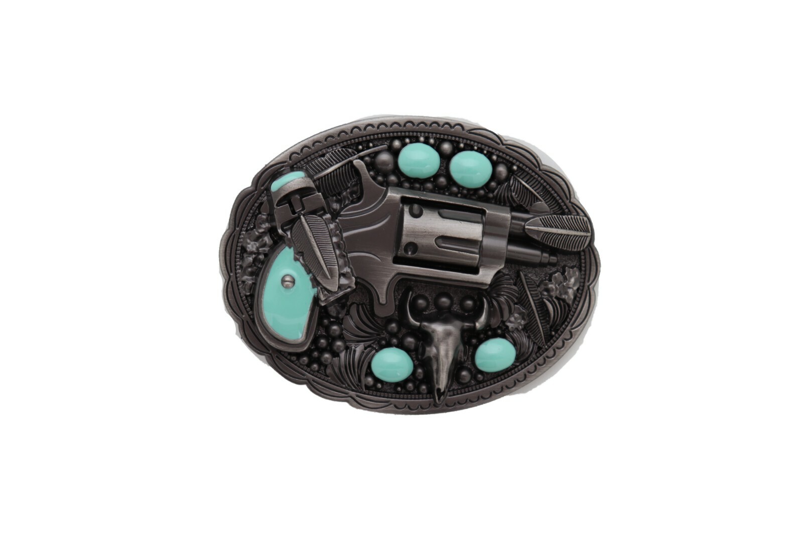Men Western Buckle Silver Metal Revolver Pistol Gun Feather Bull Skull Turquoise