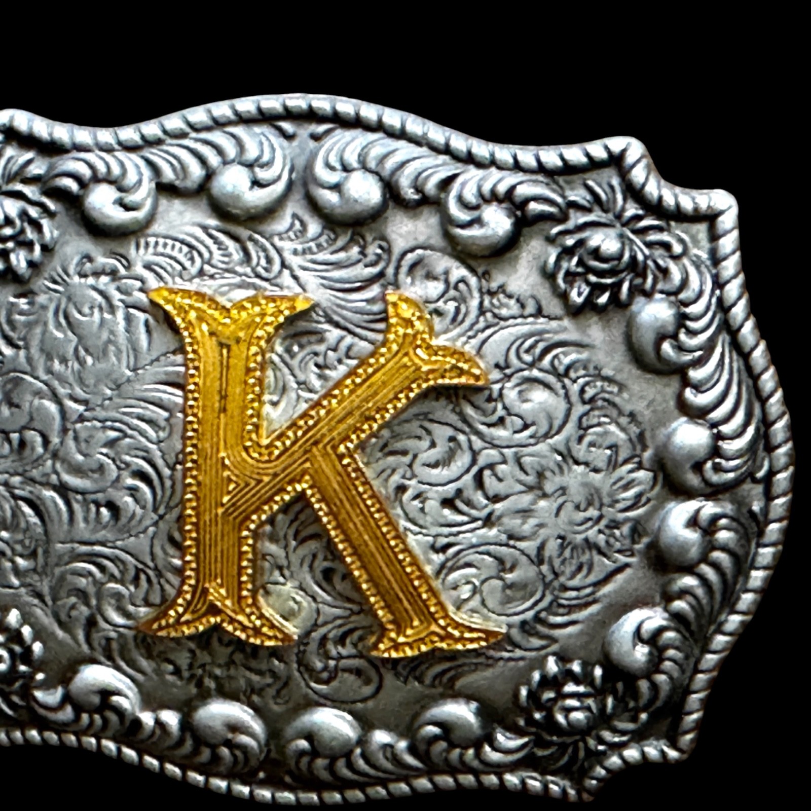 Vintage WMG Western Belt Buckle Initial K Cowboy Rodeo Floral Scroll Rope Edge