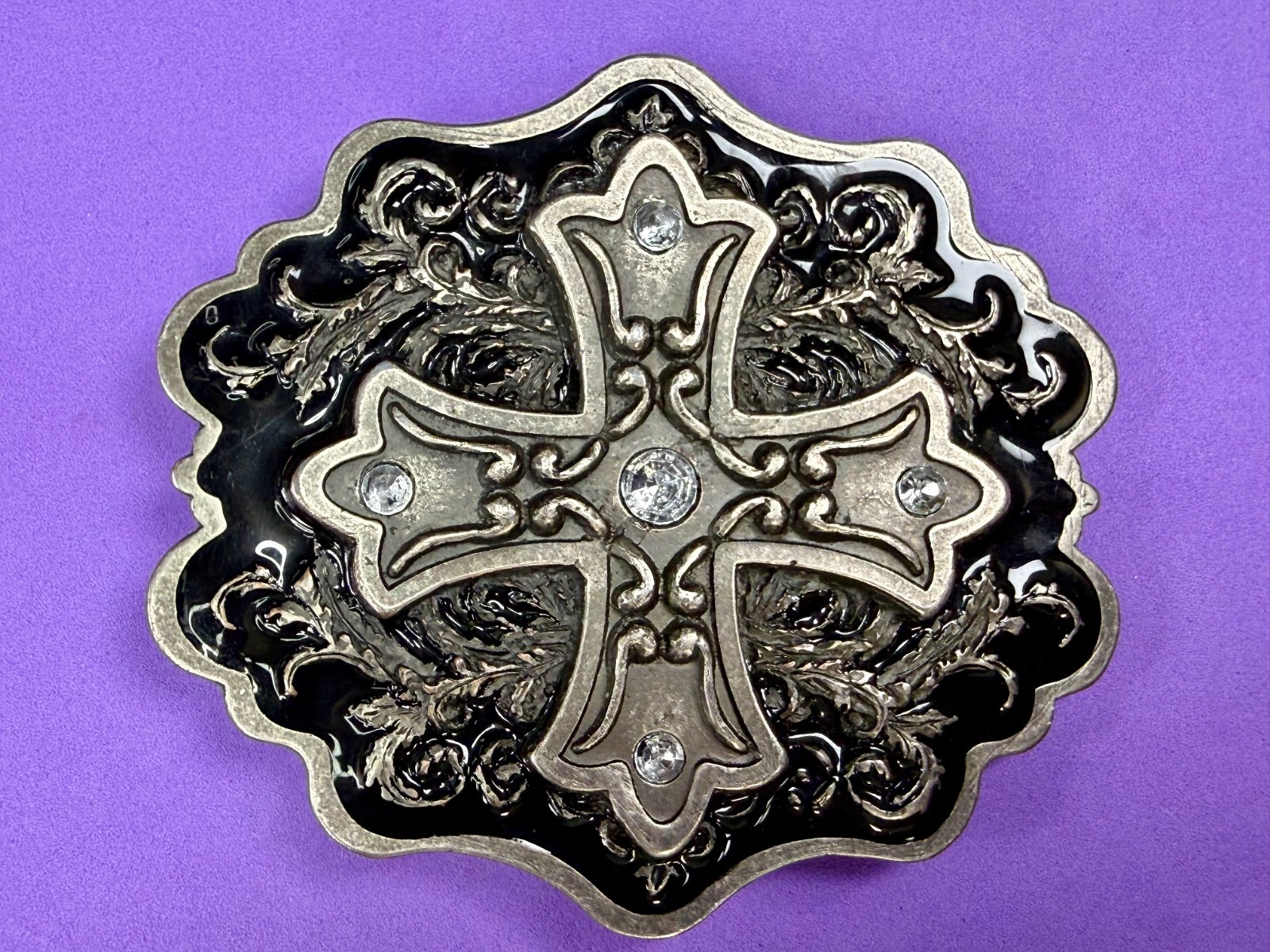 Iron Cross with Rhinestone Religious Gothic Punk Black Silver Color Belt Buckle